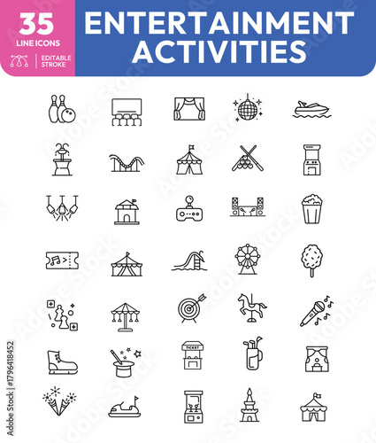 Entertainment and Activities Line Icons A Diverse Collection of Leisure Pursuits