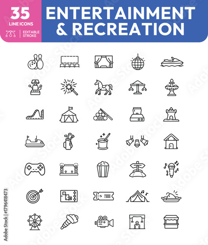 Entertainment and Recreation Icons A Collection of Line Art Symbols
