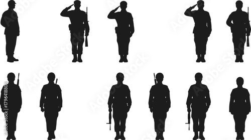 Military silhouette vector, soldier with rifle clipart, black uniform icon, salute and attention pose, armed forces graphic design