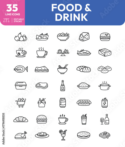 Food and Drink Line Icons Diverse Culinary and Beverage Collection