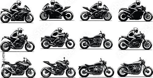 Motorcycle icon set, sport bike, cruiser bike, rider posture, black and white design, side view, motorbike illustration, grid layout