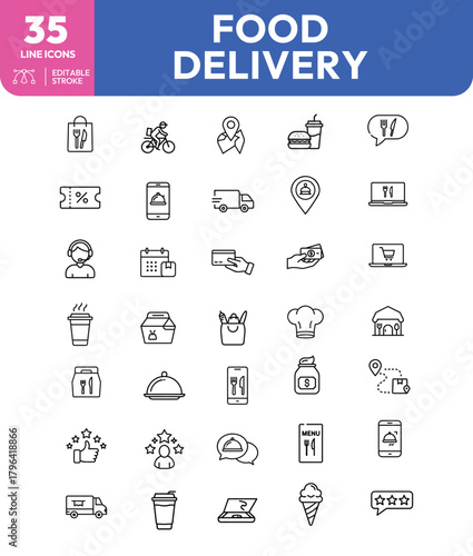 Food delivery service icons shopping bag bicycle map pin burger truck and more