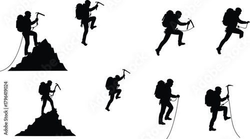 Mountain climber silhouette, hiking vector illustration, ice axe pose clipart, outdoor adventure graphic, black climber icon, alpine ascent design