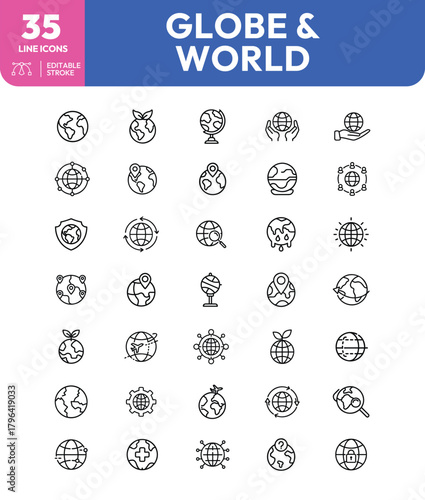 Globe and World Line Icons Editable Stroke Set of ThirtyFive