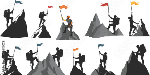 Mountain climber silhouettes, summit achievement, flag planting, adventure, perseverance, hiking gear, peak conquest, outdoor challenge, vector illustration, black and gray, colorful flags