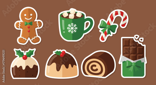 Set of christmas-themed sweet treats and beverages including gingerbread man, pudding, yule log, candy cane, chocolate bar, and hot chocolate