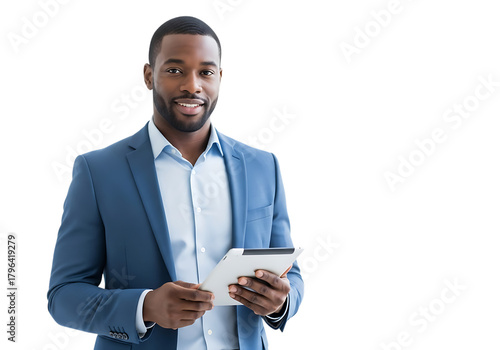 Smiling african american businessman holding tablet
