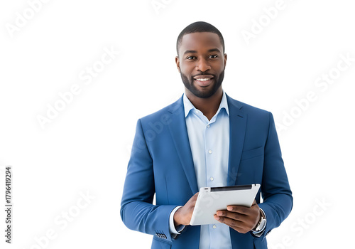 Smiling african american businessman holding tablet