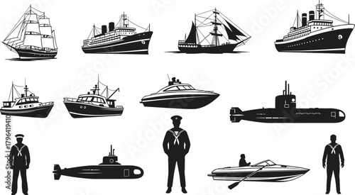 Nautical vector set, sailing ships, ocean liners, submarines, patrol boats, rowboat, luxury yacht, naval officer, sailors, maritime transport, sea travel, marine illustration, black and white