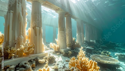 Fototapeta Naklejka Na Ścianę i Meble -  Underwater ancient ruins with sun rays and vibrant coral reefs.