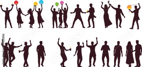 Party celebration silhouettes, dancing figures, balloon holding, festive joy, social gathering, black vector, drink in hand, event icons, happy people, celebration pose, group interaction