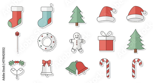 Set of Christmas icons and symbols with festive decorations for holiday design
