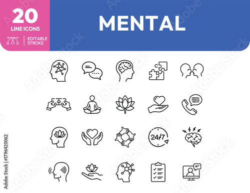 Mental health line icons set including brain meditation support and therapy