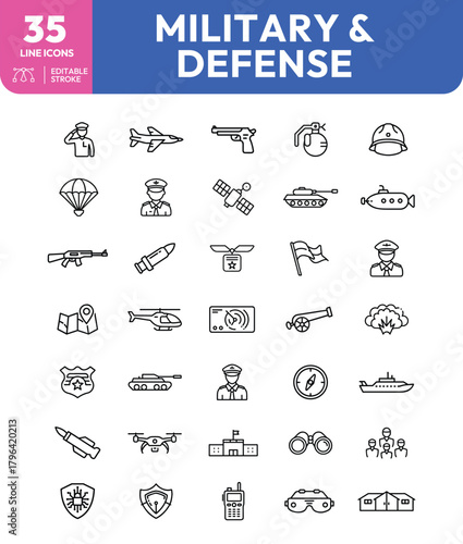 Military and Defense Icons A Collection of Thin Line Vector Illustrations