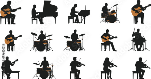 Musician silhouettes, musical instruments, guitar, piano, drums, violin, cello, seated performers, black vector, music icons, concert scene, band setup, orchestral players