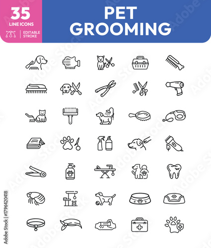 Pet Grooming Line Icons Tools Accessories and Animals in Black and White