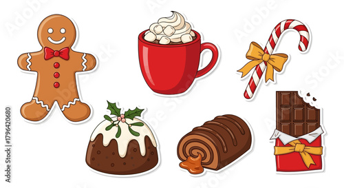 Christmas treats and sweets collection gingerbread man, candy cane, chocolate bar, hot chocolate, and pudding