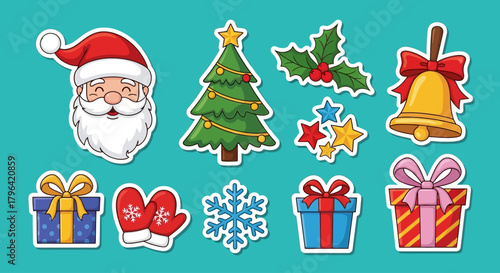 Christmas Icons Set Santa Claus, Tree, Gifts, Snowflakes, Holly, Bell, Stars, and Mittens for Festive Decorations