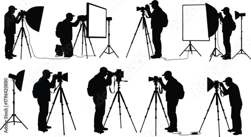 Photographer silhouette vector, studio setup clipart, black camera icon, lighting gear graphic, tripod pose illustration, photo shoot design