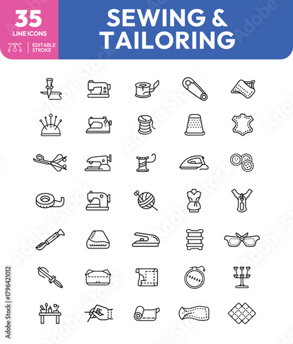 Sewing and Tailoring Line Icons Machines Tools and Accessories for Crafting