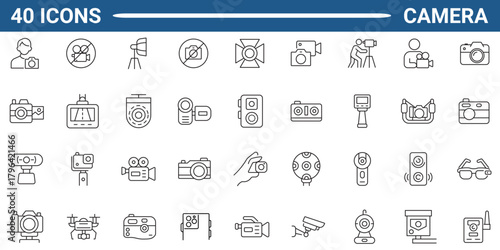Camera line icon set. Outline icon collection. Editable stroke. Vector illustration