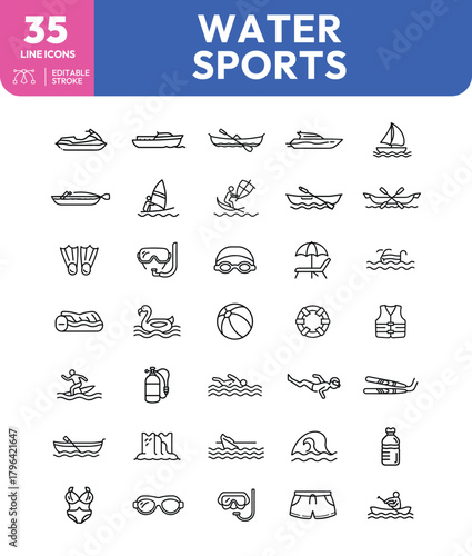 Water Sports Outline Icons Jet Ski Sailboat Snorkel Swimmer and More
