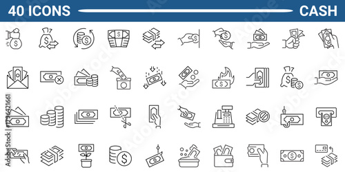 Cash line icon set. Includes payment, transaction, and finance. Editable stroke. Vector illustration