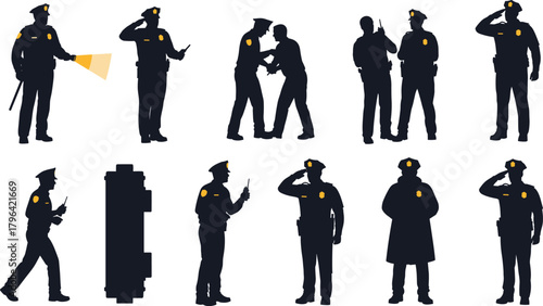 Police officer silhouettes, law enforcement poses, patrol duty, salute, flashlight, radio, interaction, authority, security, black uniform, yellow badge, vector illustration