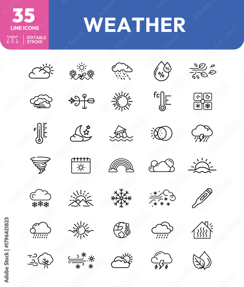 Obraz premium Weather Icons A collection of thirtyfive line icons depicting various weather conditions