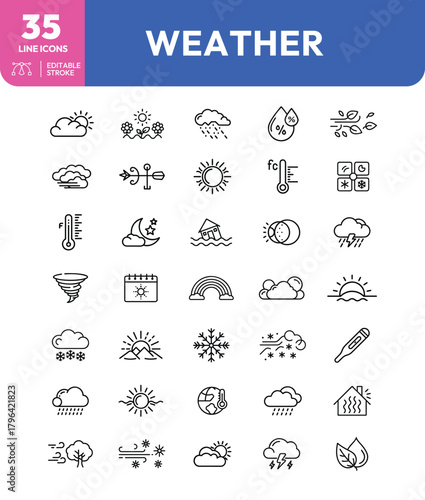 Weather Icons A collection of thirtyfive line icons depicting various weather conditions