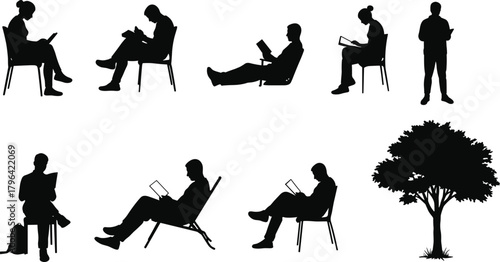 Reading silhouette vector, seated figure clipart, black tree icon, book lover graphic, outdoor study pose, travel reading design