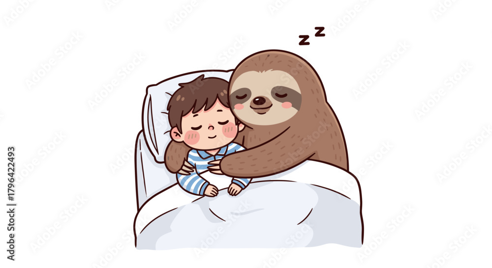 Naklejka premium Cozy Sloth Comforts a Child A Heartwarming Embrace of Friendship and Sleep, Dream of Sloths