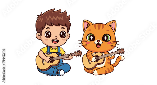 Cute cartoon boy and kitten playing guitars together, symbolizing friendship and shared musical passion