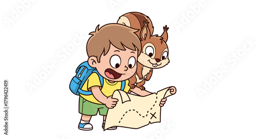 An adventurous young boy with a backpack and his curious squirrel companion planning their route with a treasure map
