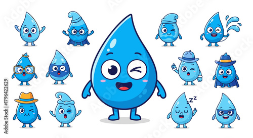 A collection of cute cartoon water drop characters with various expressions, poses, and accessories on a white background.