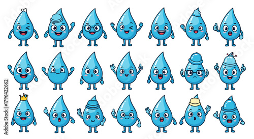 A collection of cute cartoon water drop characters with various emotions and accessories isolated on a white background.