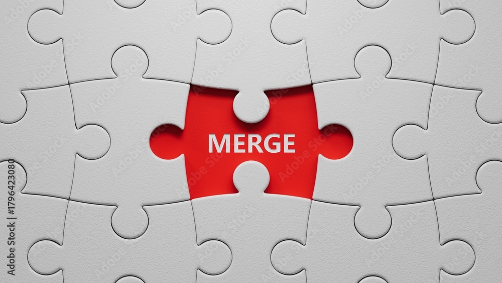 Fototapeta premium puzzle pieces with missing pieces with MERGE business word.close up of puzzle pieces with missing pieces,Business Concept.3D rendering.