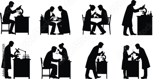 Science lab silhouettes, researchers, laboratory teamwork, microscope, test tubes, beakers, scientific inquiry, black vector, experiment scene, analysis, chemistry, biology