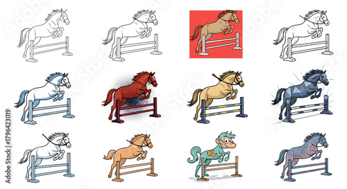 A diverse set of twelve illustrations showing a horse in the act of show jumping over a hurdle.