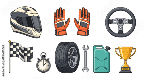 A collection of car racing equipment and symbols on a white background.