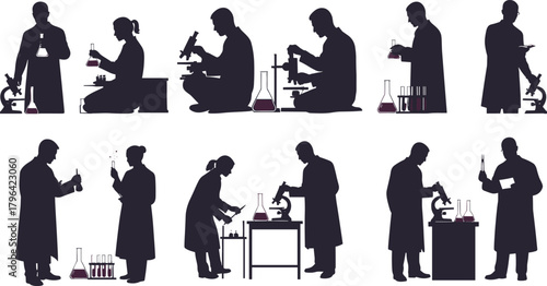 Science lab silhouettes, researchers, laboratory teamwork, microscope, test tubes, beakers, scientific inquiry, black vector, experiment scene, chemistry, biology, medical research