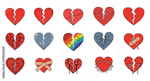 A diverse collection of hand-drawn broken heart illustrations, showcasing different styles of cracks, shattering, and mending on a white background.