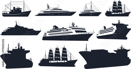Ship silhouette collection, boat vector icons, cruise yacht cargo ferry, sailing vessel pack, black maritime graphics, nautical transport illustration