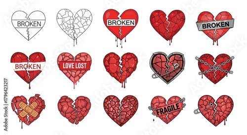 A collection of fifteen illustrated broken heart icons in various styles symbolizing heartbreak, sadness, and lost love.