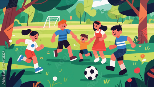 Illustration Of Children Playing Ball In The Park With A Cheerful Atmosphere Vector Design Template