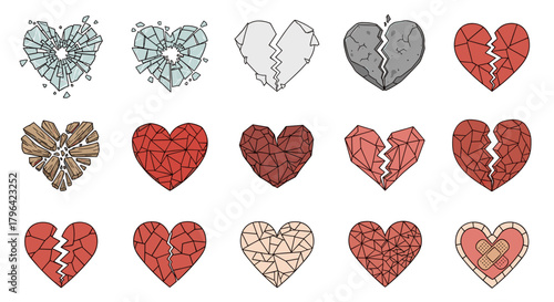 A collection of fifteen illustrated broken hearts in various styles, including shattered glass, cracked stone, and patched-up designs.
