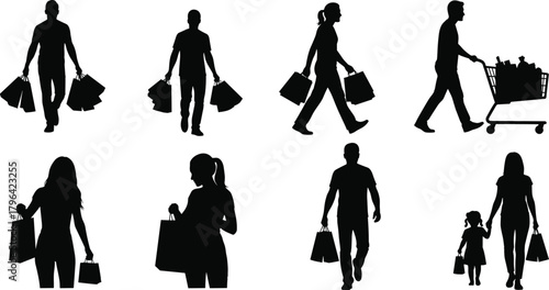 Shopping silhouette vector, retail activity clipart, black consumer icon, family with bags graphic, cart pose illustration, market design
