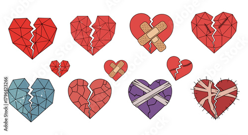 A collection of ten illustrated broken hearts symbolizing heartbreak, pain, and the process of healing.