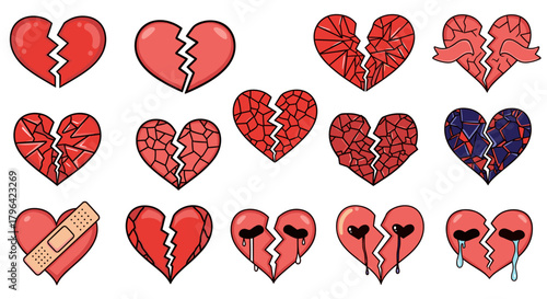 A collection of fifteen different cartoon illustrations of red broken hearts on a white background.