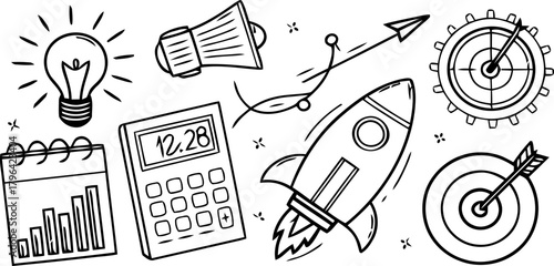 Business Growth and Startup Concept Icons Rocket, Lightbulb, Calculator, Megaphone, Calendar, Target, and Gear